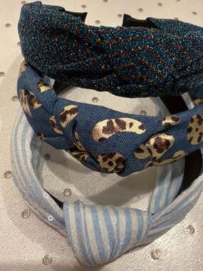 Set of 3 Knotted Headbands - Blue, Metallic Teal & Striped